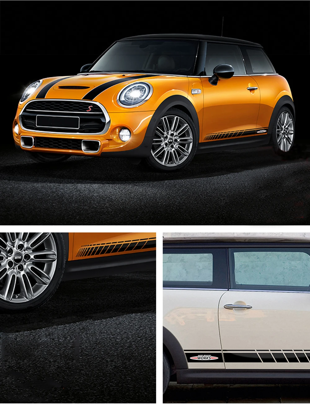 2pcs Car Door Side Skirt JCW Decal Stickers Racing Stripes Decoration For MINI John Cooper Works R56 R58 R59 F57 F56 Hatchback