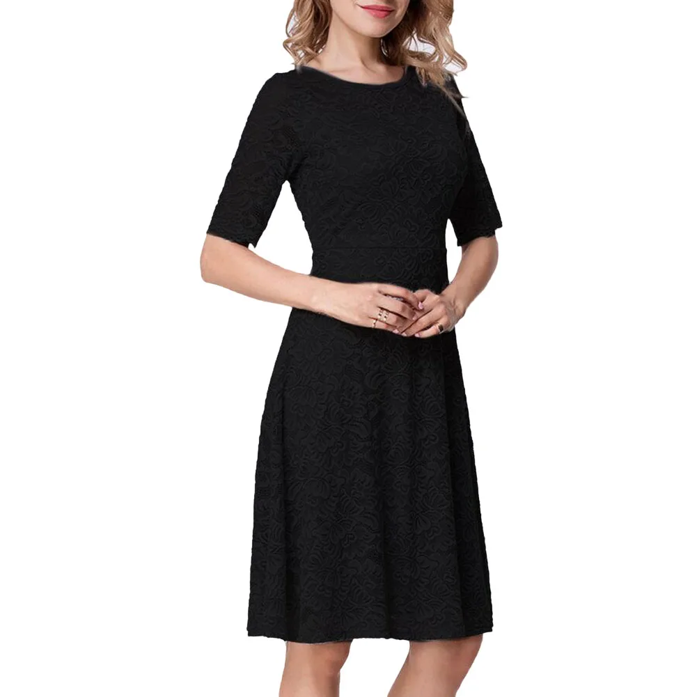 Женское летнее платье средней длины однотонное кружевное с коротким рукавом и o