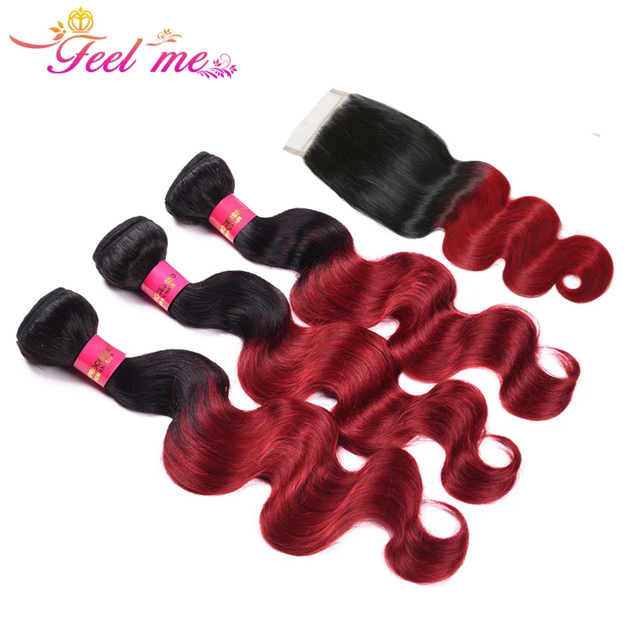 Feel Me Hair Body Wave Brazilian Weave Bundles With Closure Ombre Human 1b/burgundy Non-remy | Шиньоны и парики