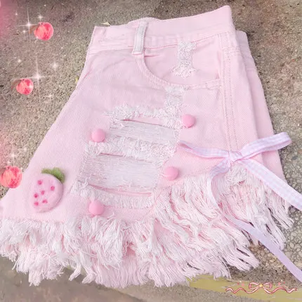 Розовый Летние джинсовые шорты Kawaii Junior, женские корейские шорты с дырочками, розовые, белые джинсы с бантом, Женские повседневные шорты с дырками - Цвет: Розовый
