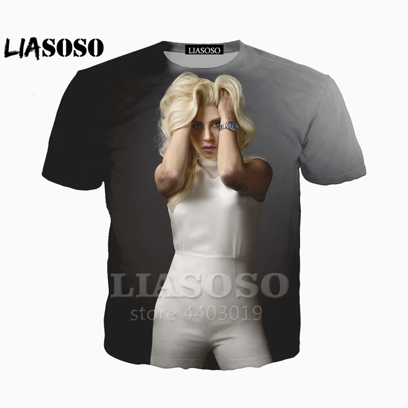 LIASOSO, новинка, певица, Леди Гага, 3d принт, футболка для мужчин и женщин, футболка, повседневная, короткий рукав, Харадзюку, хип-хоп, уличная одежда, топы As108