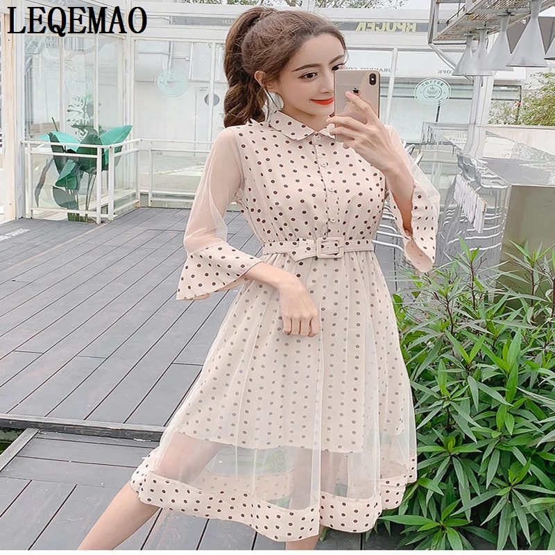 2019 новые весенние женские шифоновые в горошек платья с длинным рукавом