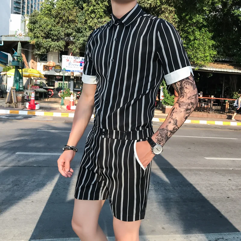 Мужские комплекты рубашек и шорт полосатые шорты Moletom Masculino красная мода Masculina