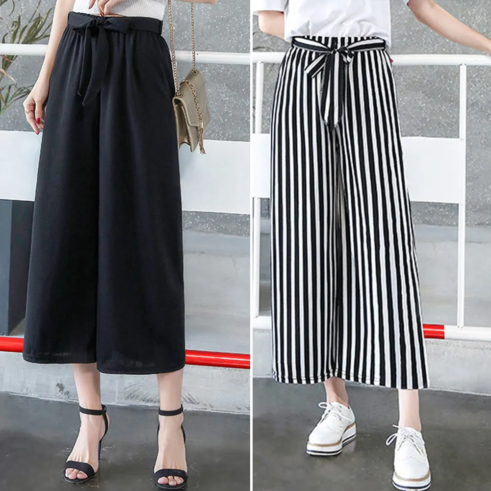 Прямые Полосатые повседневные эластичные брюки с широкими штанинами пикантные