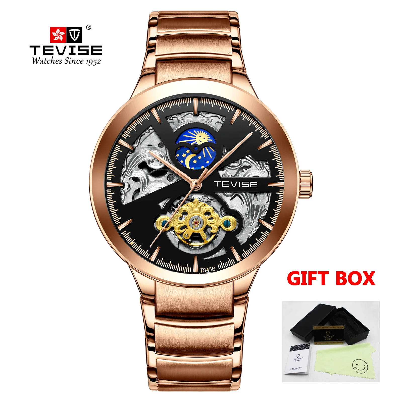 rose gold case Tevise мужские часы лучший бренд класса люкс автоматические деловые для мужчин с автоподзаводом Tourbillon мужской наручные Relogio Masculino - Цвет: rose gold case