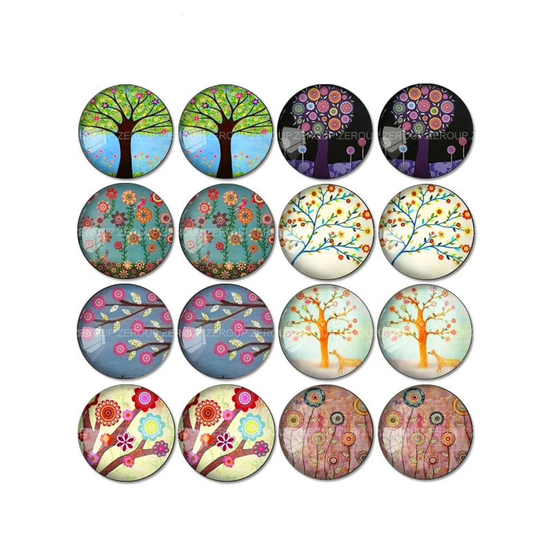 

16pcs Round Glass Cabochon Tree Branch Pictures Mixed Pattern Fit Base Earring Setting for Jewelry Flatback TP-001-ER-2
