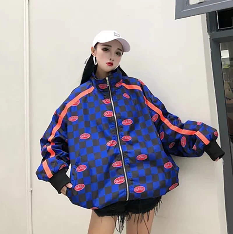Клетчатая Осенняя Женская куртка размера плюс Harajuku, ветровка, пальто, куртка-бомбер более размера d, Корейская уличная куртка в стиле стимпанк 50B0072