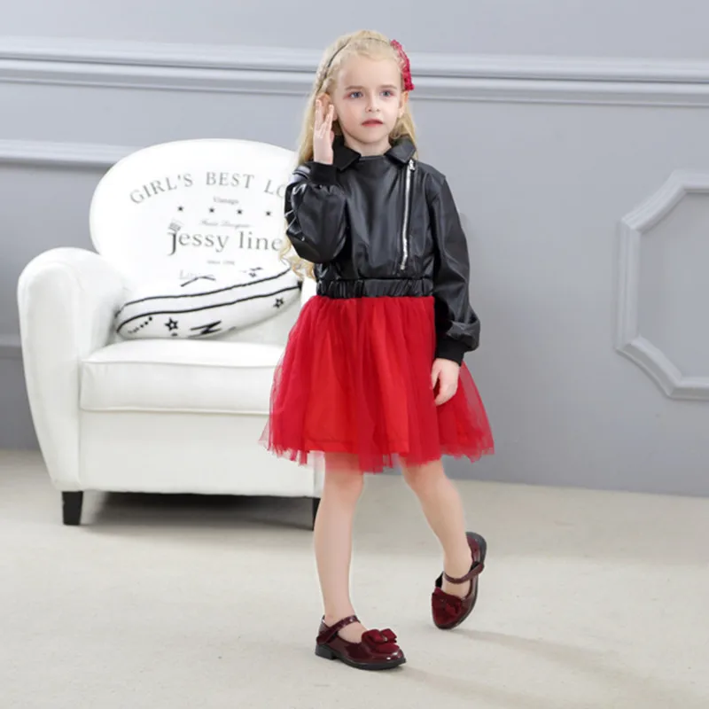 R&ampZ Baby Girls Dress 2018 Autumn Fashion Lapel Zipper Leather Diamond Print Long Sleeve Mesh Tutu for Kids Clothing | Детская одежда