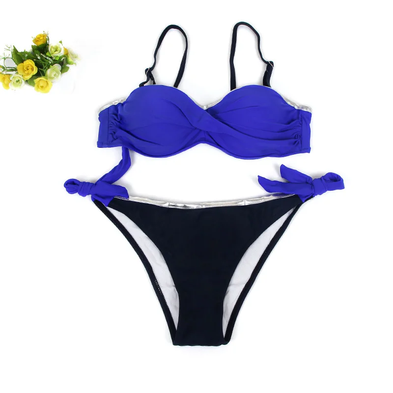 C16155 Dark Blue Push Up Sexy Bikini Swimwear Women New Large Size Halter Swimsuit Bikini Brazilian Beachwear Bathing Suit Women Two Pieces - Цвет: C16155 Dark Blue