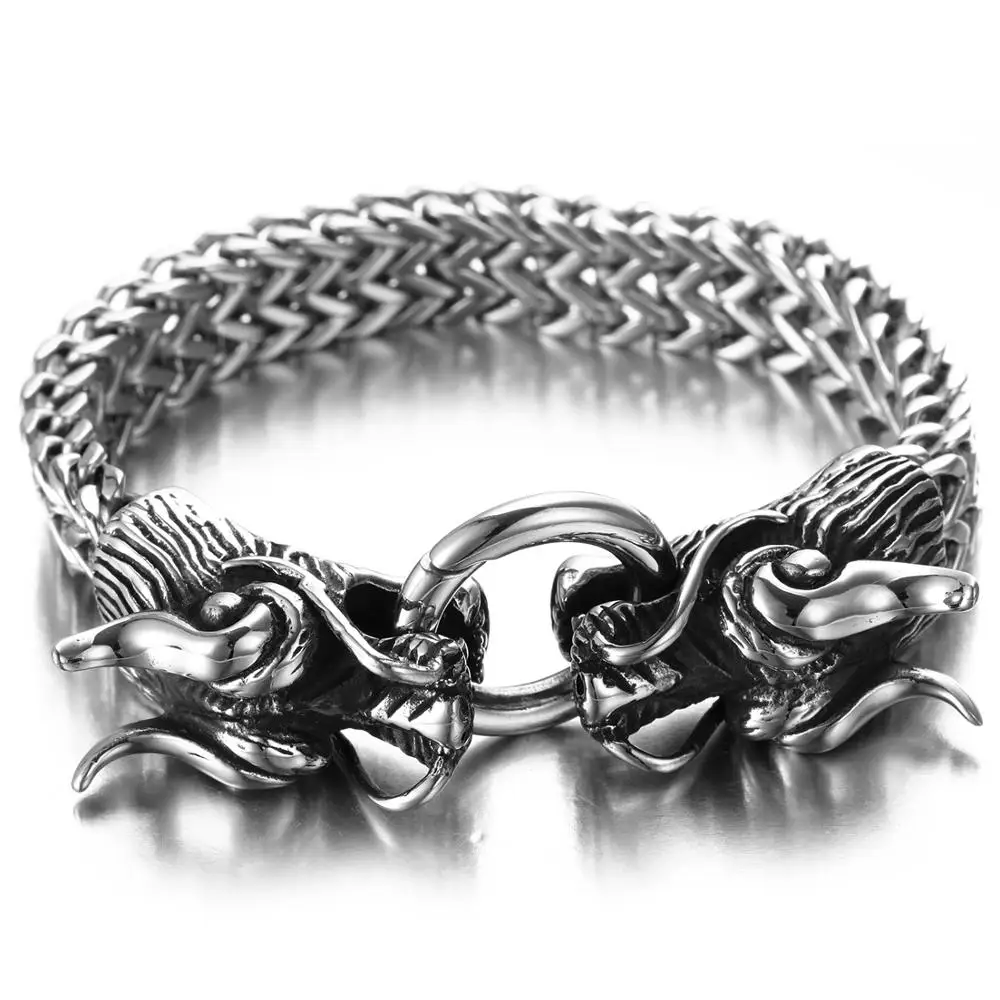 

Granny Chic Double Dragon Head Men Bracelet Friendship Boys Bracelet For Men Punk Rock Stainless Steel Male Jewelry