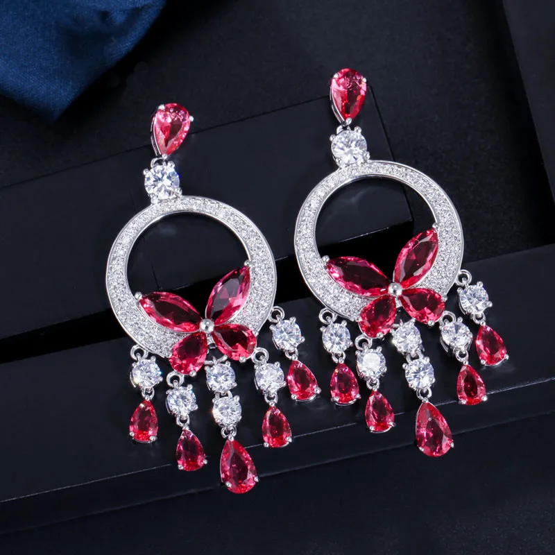 Ruby Red ThreeGraces блестящий зеленый фианит с кристаллами, богемные круглые большие длинные висячие серьги с кисточкой для женщин, ювелирные изделия ER317 - Окраска металла: Ruby Red