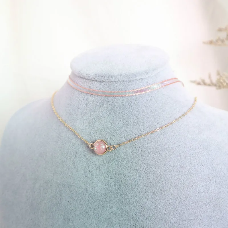 Sweet Pink Crystal Necklace for Women Korean 5 Color Fashion Simple Layered Short Chain Alloy Accessories Jewelry Gift | Украшения и