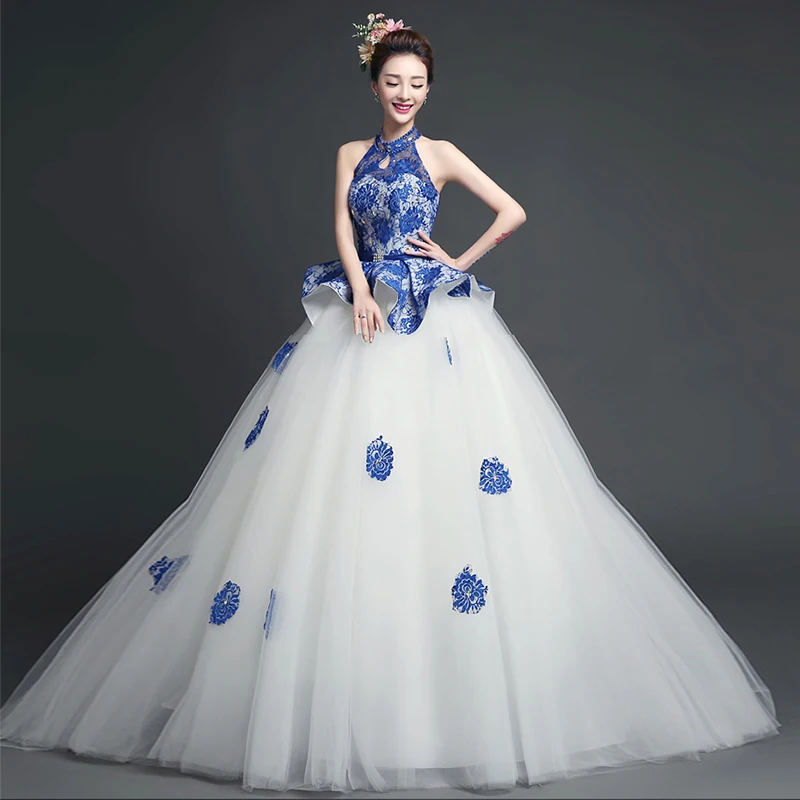 

Blue White Porcelain Chinese Traditional Evening Gown Fashion Tutu Long Wedding Qipao Modern Cheongsam Oriental Dresses Custom