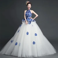 blue white porcelain chinese traditional evening gown fashion tutu long wedding qipao modern cheongsam oriental dresses custom