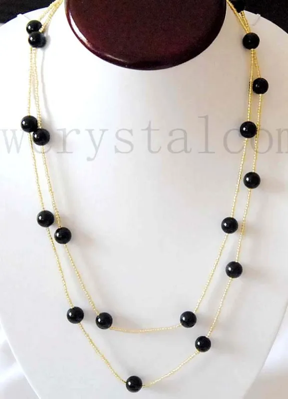 Настоящее гладкое ожерелье из черного оникса 10 мм Золотое маленькое стеклянное 48