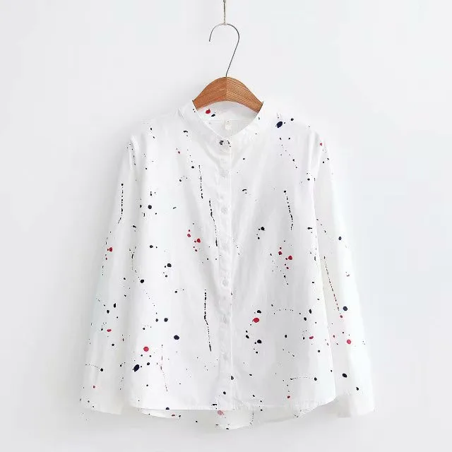 stand collar white LUNDUNSHIJIA весна осень женская блузка с длинным рукавом с принтом капель дождя Повседневная белая синяя хлопковая рубашка женская одежда топы - Цвет: stand collar white