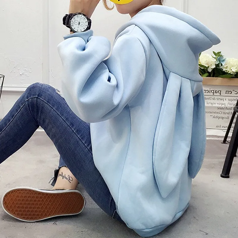 Blue PLAMTEE, милые женские толстовки, толстовка с капюшоном и вышивкой, худи с заячьими ушками, большая толстовка Kpop, свободный спортивный костюм с длинным рукавом - Цвет: Blue