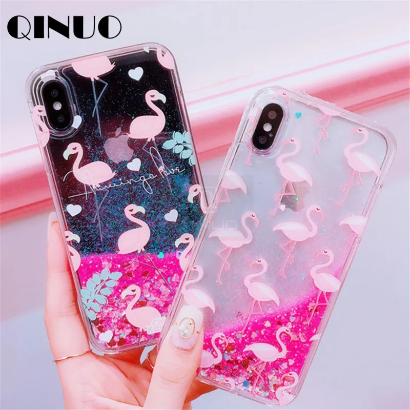 QINUO розовый Quicksand Sequins чехол для iPhone X XS Max XR Фламинго блеск Чехол 6 6S 7 8 Plus Единорог
