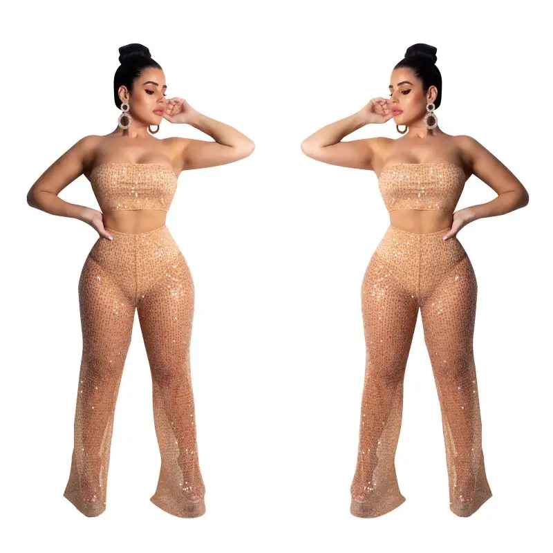 Эффектный Модный повседневный комплект из сетчатого топа с кружевом и блестками