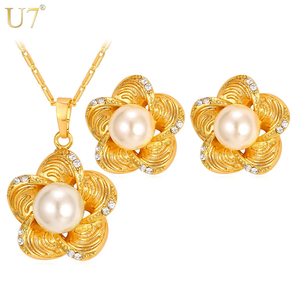 

U7 Brand Flower Jewelry Set Silver/Gold Color Trendy Simulated Pearl Bridal Jewelry Stud Earrings Necklace Set For Women S826