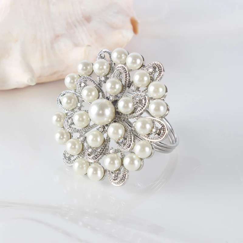 

Weddings Accents Shiny Silver Plating with White Pearls and Clear Rhinestones Jeweled Snowflake Design Metal Alloy Napkin Rings