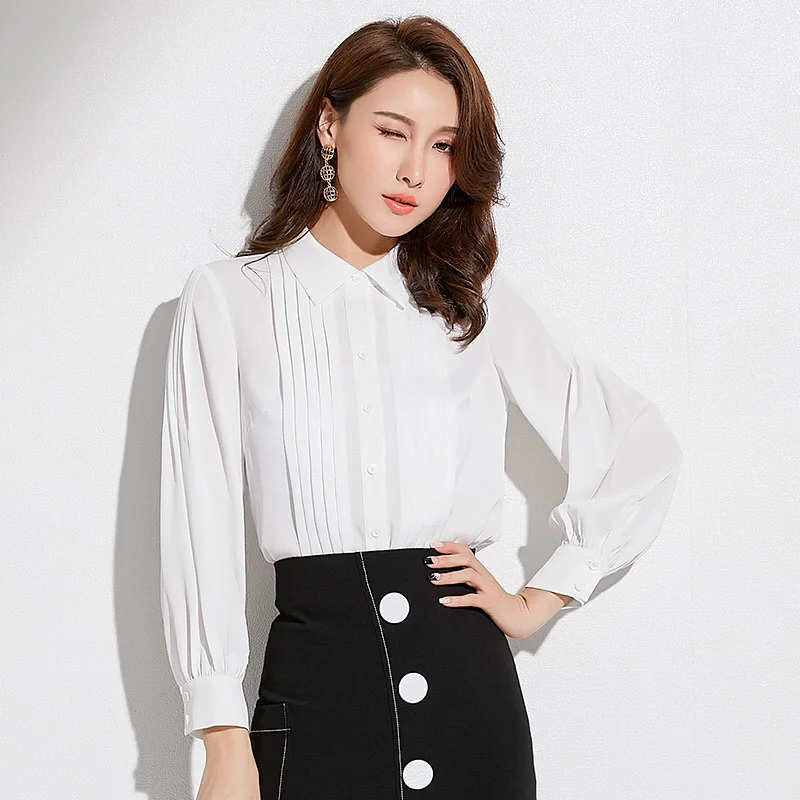 

B002 high quality gathering women white long sleeve office blouse ladies offical shirt