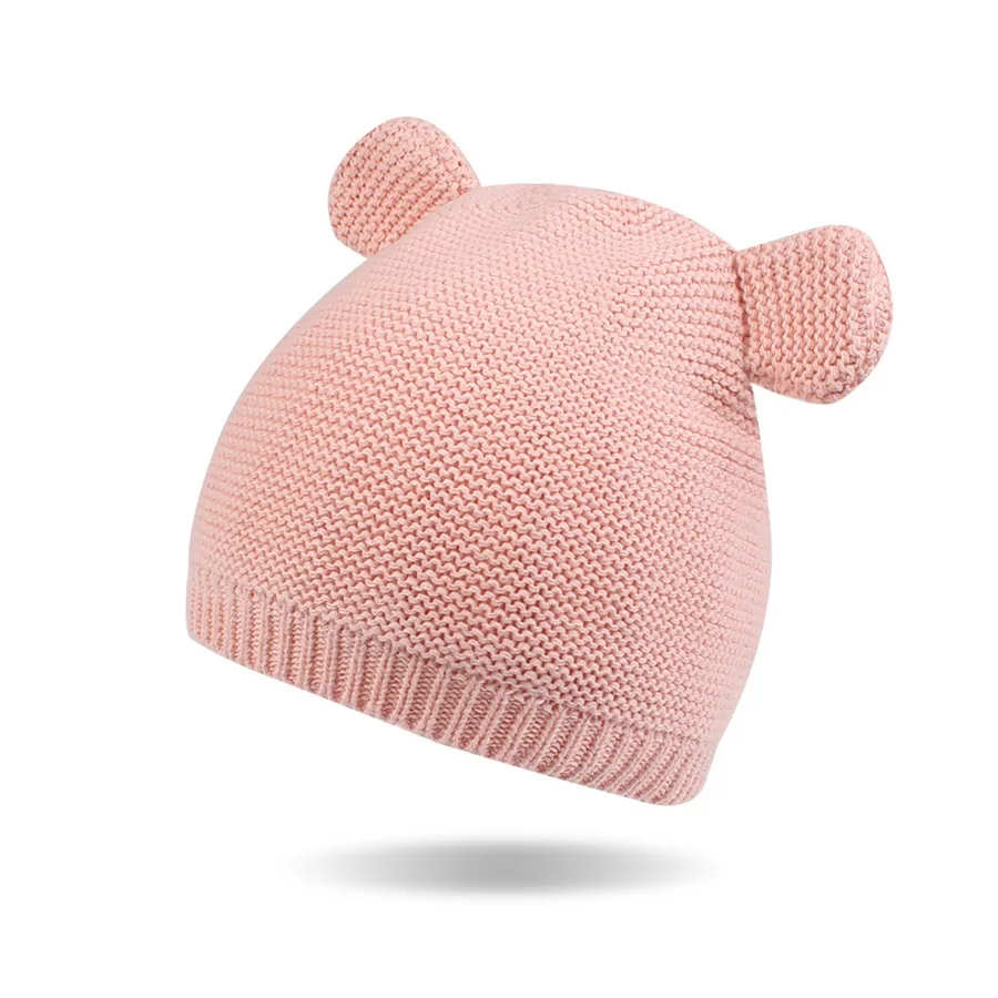Pink Шапка с медвежьими ушками для новорожденных; Вязаная хлопковая мягкая шапочка для маленьких девочек; сезон зима-весна; милая шапка для маленьких девочек; шапочка; одежда для маленьких мальчиков - Цвет: Pink