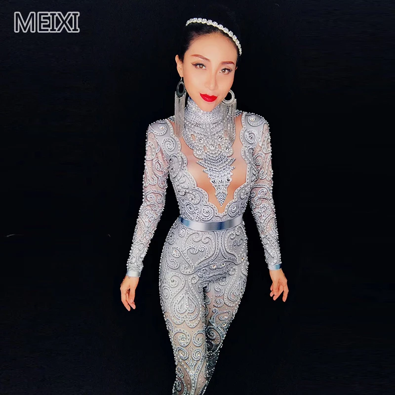 

Sexy super atmospheric grey circle print rhinestone night club concert singer dancer costume