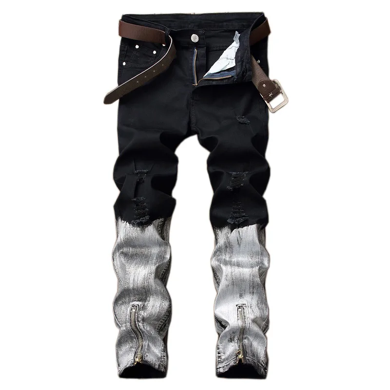 

Hip hop skinny jeans men patchwork color black and white ripped jeans trousers zipper coating BIKER Jeans casual denim pants