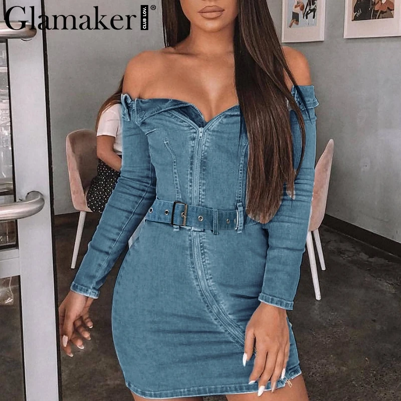 Женское джинсовое платье Glamaker Элегантное летнее с открытыми плечами длинным