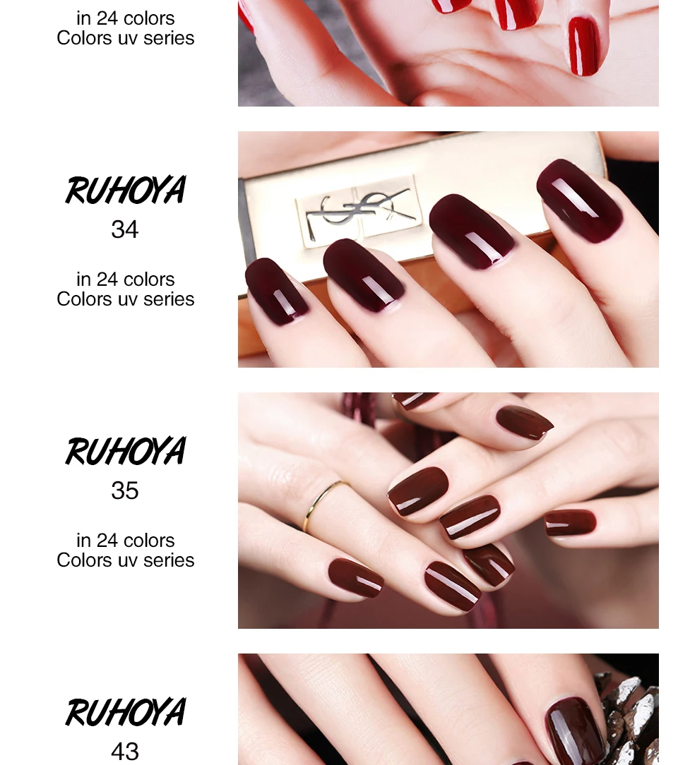 Ruhoya цветной УФ-светодиодный Гель-лак DIY для дизайна ногтей Полуперманентная эмаль замачиваемый УФ светодиодный чистый цвет Гель-лак для ногтей Lacuqer