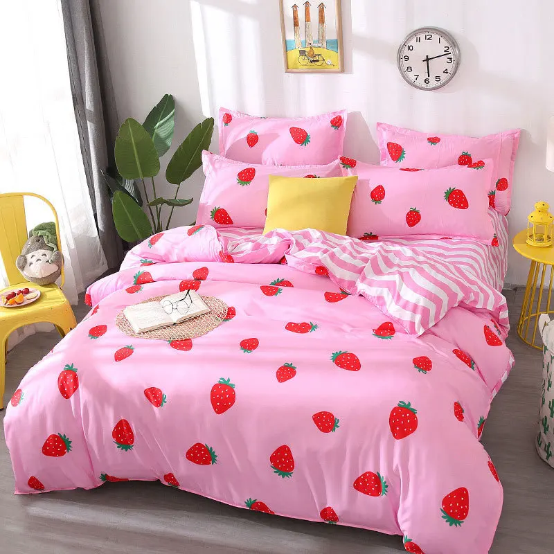 Strawberry Cat 4pcs Kid Bed Cover Set Cartoon Duvet Cover Adult Child Bed Sheets And Pillowcases Comforter Bedding Set 2TJ-61003