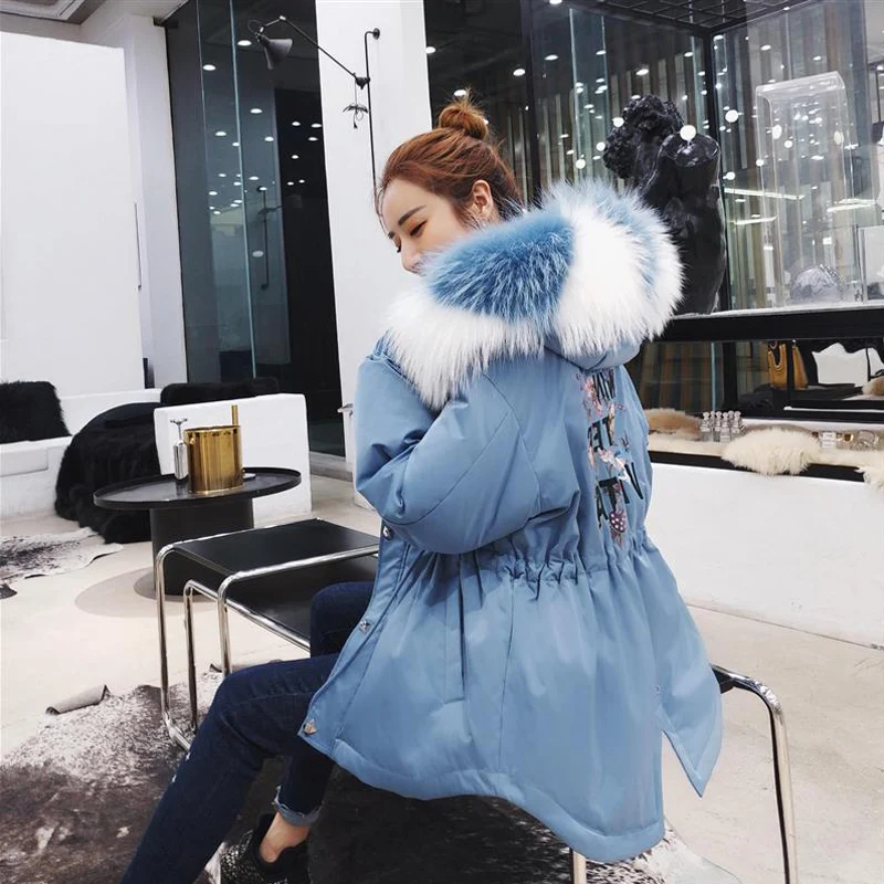 Женский пуховик с большим капюшоном парка на белом утином пуху натуральным мехом