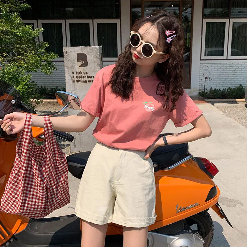 Ulzzang kawaii Топы 2019 лето в Корейском стиле женская футболка мода сладкий печати