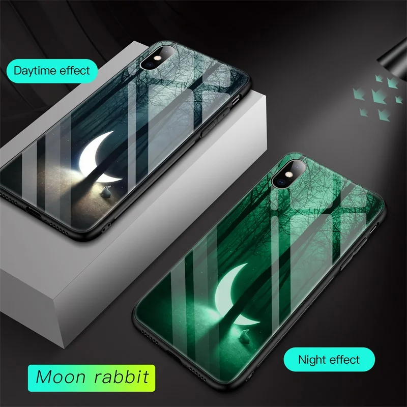 moon rabbit Роскошный светящийся чехол из закаленного стекла для телефона для iPhone 6 6s 7 8 Plus ночной светящийся чехол для телефона для iPhone X XR XS Max задняя крышка Coque - Цвет: moon rabbit
