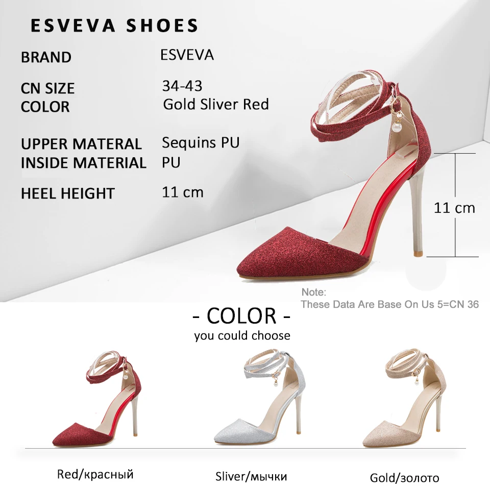 

ESVEVA 2018 Women Pumps Shoes Sexy Bling Thin Super High Heels Two-piece Sequins Pointed Toe Buckle Women Pumps Shoes Size 34-43