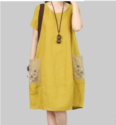 Женское свободное платье из хлопка и льна Повседневное с декоративными