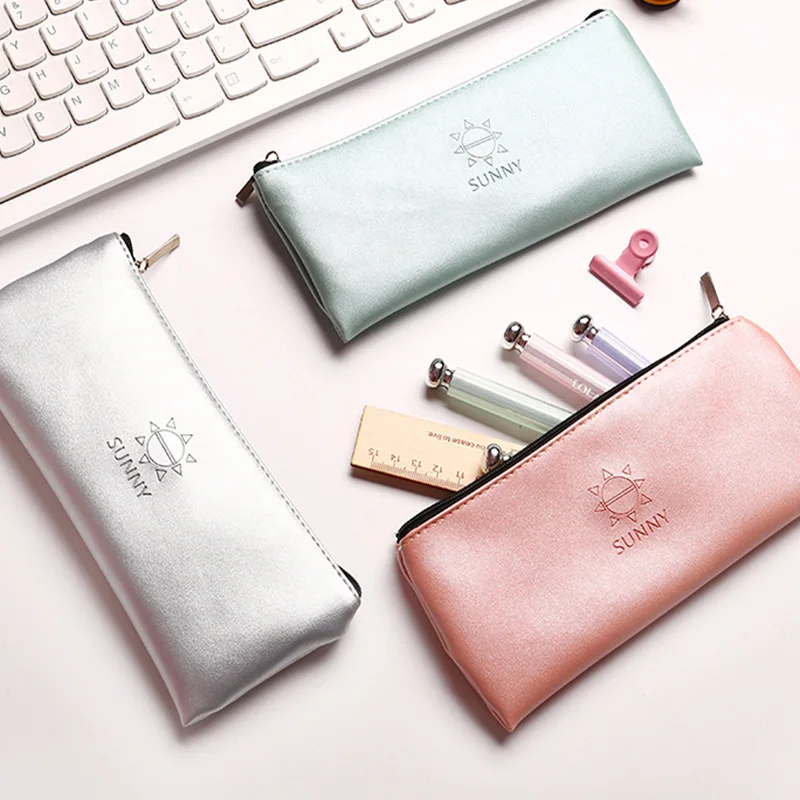 

Super recommended Simple green gold silver pink leather Pencil Case School Supplies Bts Stationery Storage bag Pencil Box