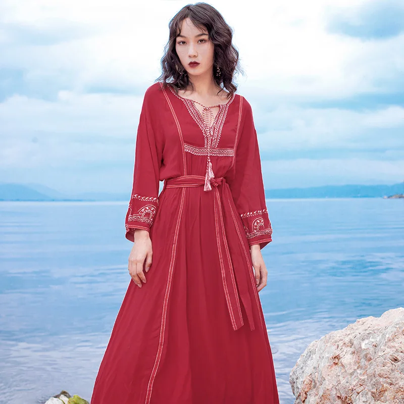 Женское винтажное пляжное платье Boho однотонное Хлопковое макси с вышивкой и