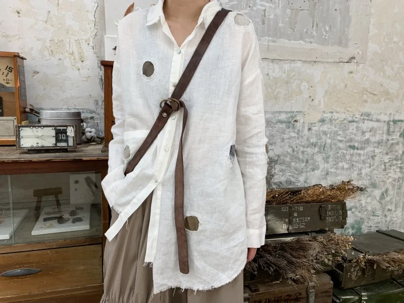 Рубашка мужская из хлопка и льна с длинными рукавами отверстиями | Мужская одежда