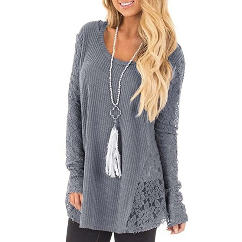 Женский трикотажный свитер с кружевом длинный Повседневный пуловер круглым