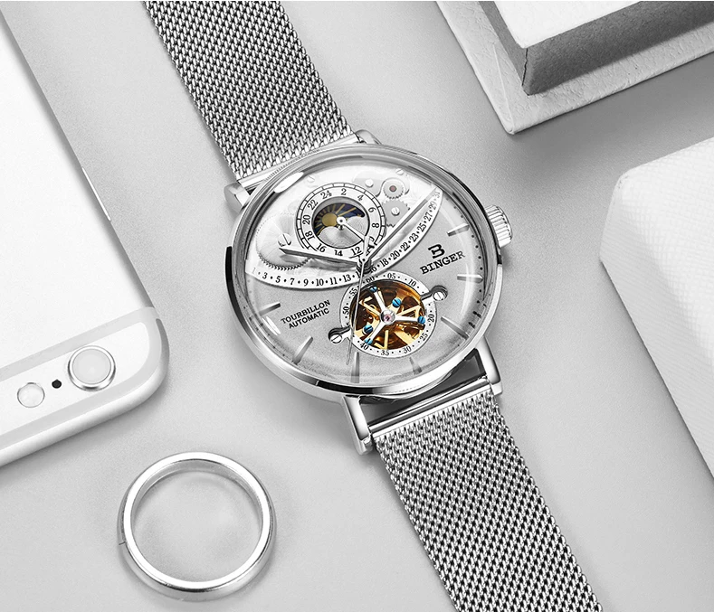 Водонепроницаемые 50 м Moon Phase Мужские часы Роскошные турбийон военные часы 24 часа сапфир повседневные автоматические механические часы Новые