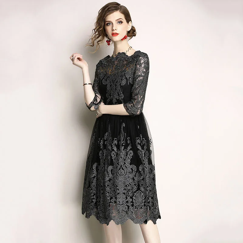 2019 Модное Новое Сетчатое женское платье с вышивкой vestidos de festa modis robe femme тонкий