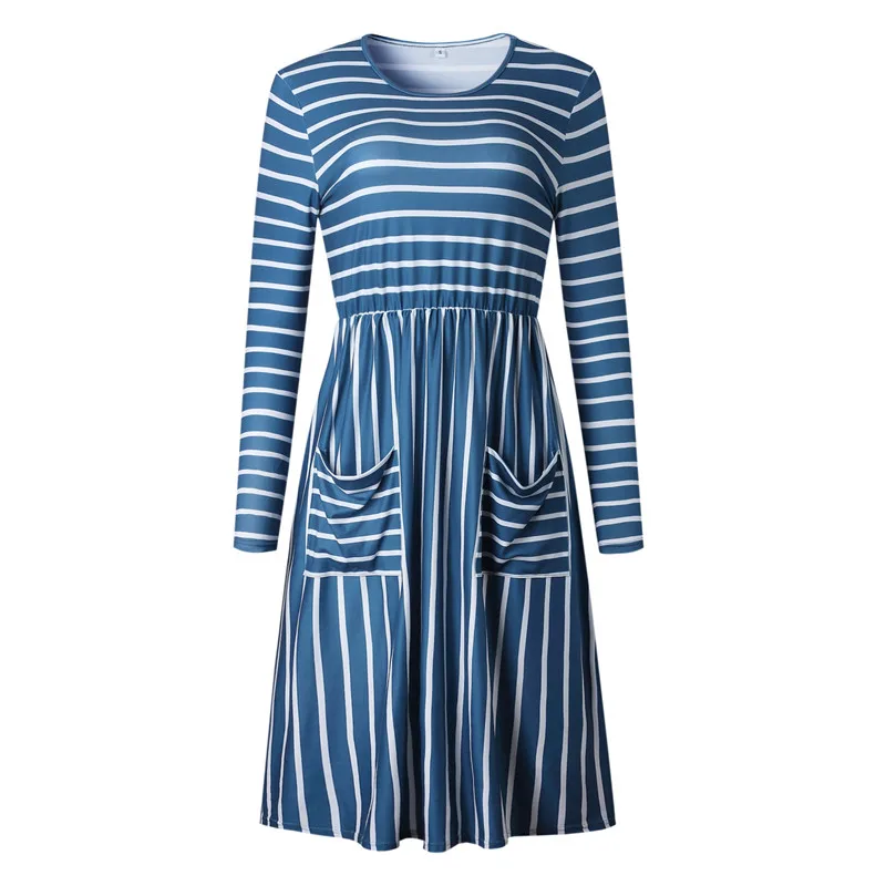 Шикарное осеннее платье миди в полоску с большим карманом женская зимняя мода 2018