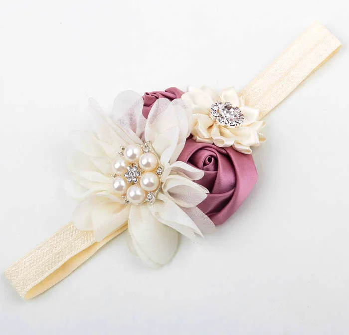 

6pcs/lot Cute Baby Girls Pearl Rose Flower Hair Band Chiffon Baby Headband Ribbon Elastic Hair Accessories Children Headwear