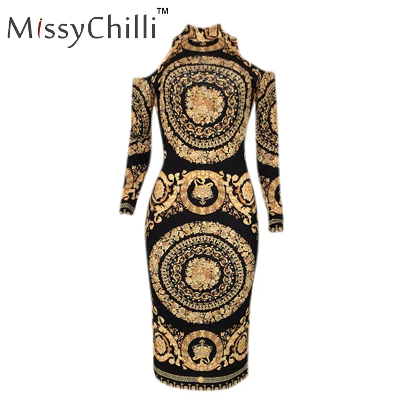 MissyChilli с принтом пейсли холодное плечо Золотое Платье женское элегантное платье миди вечерние Клубные с длинным рукавом осеннее сексуальное облегающее платье Новинка