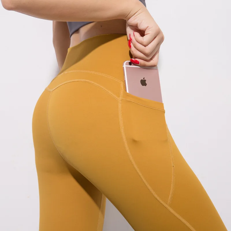Yellow Женские спортивные Леггинсы для фитнеса с высокой талией, штаны для йоги с карманами, леггинсы для спортзала, женские лосины для тренировок, бега, спортивные Леггинсы - Цвет: Yellow