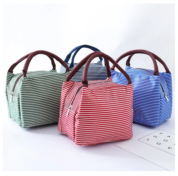 Waterproof Canvas Insulated Lunch Bag Aluminum Foil Stripe Handbags Food Storage Cooler Ice Bag Unisex Portable Lunch Box Tote