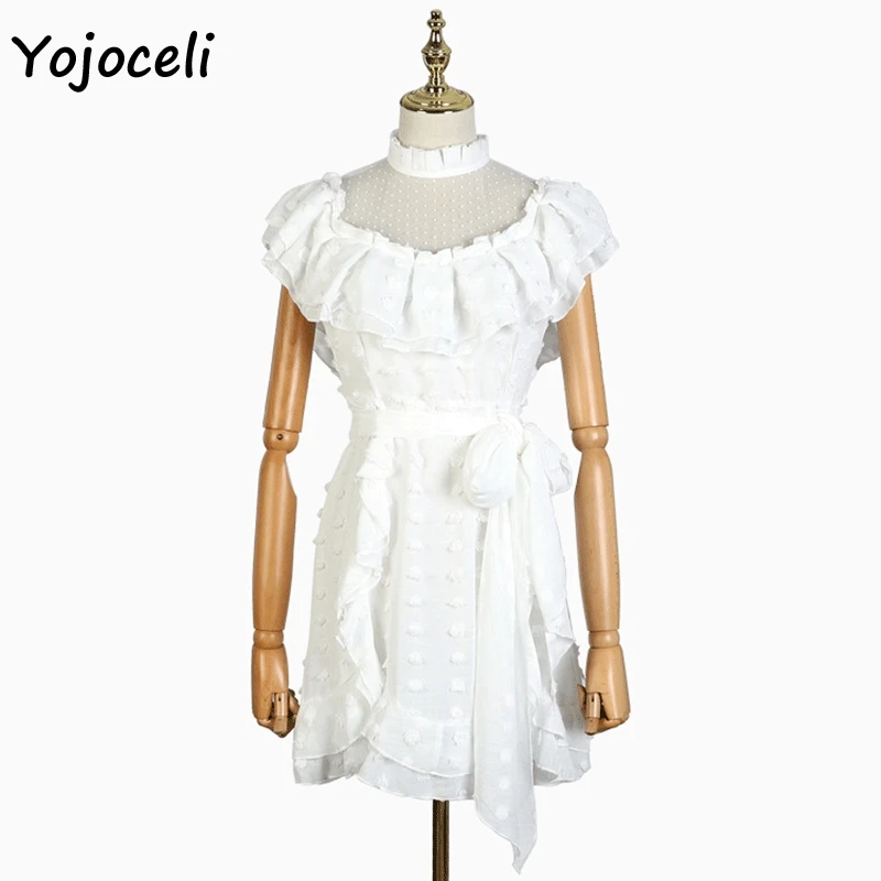 Yojoceli boho пляжное белое шифоновое жаккардовый в горошек платье женское мини с