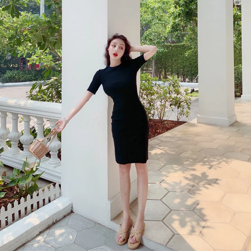 Женское милое облегающее платье, модное однотонное женское летнее мини-платье с коротким рукавом, винтажное Сексуальное Женское тонкое облегающее платье с круглым вырезом